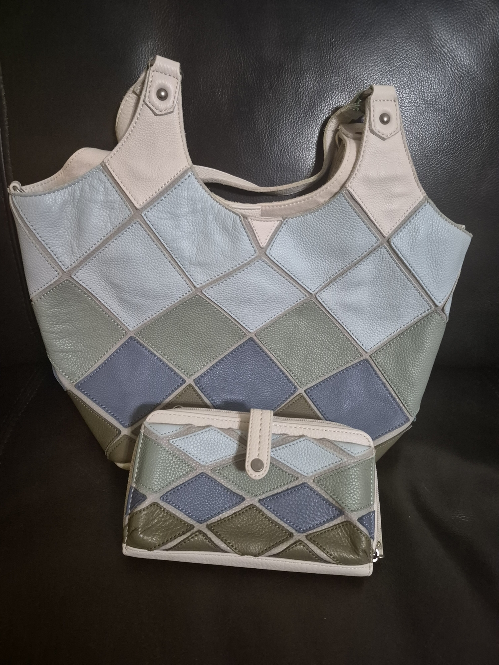 The Sak Patchwork Leather Tote and Wallet in Blue, Green, and Cream